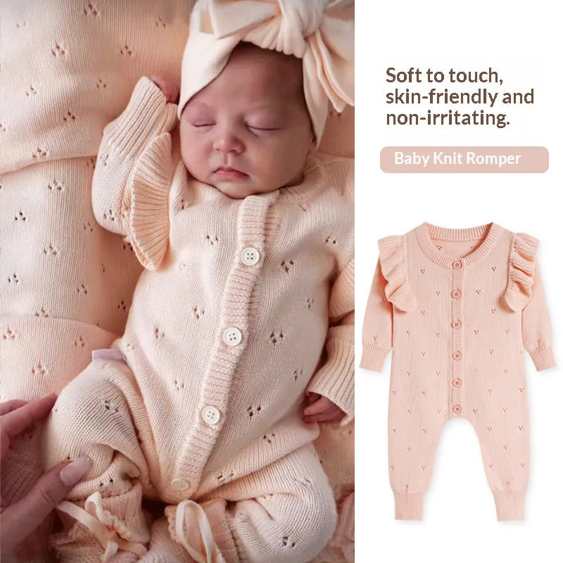 Baby Knit Romper for Spring & Fall – Ruffle Trim One-Piece