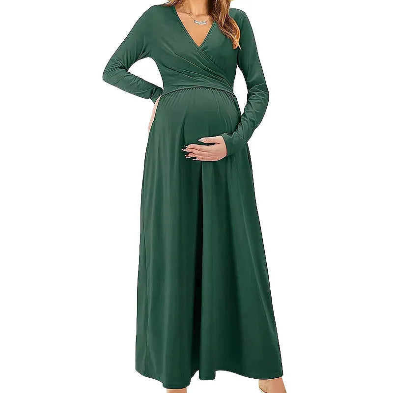 Long Sleeve Maternity & Nursing Dress – Cross-Front Solid Maxi