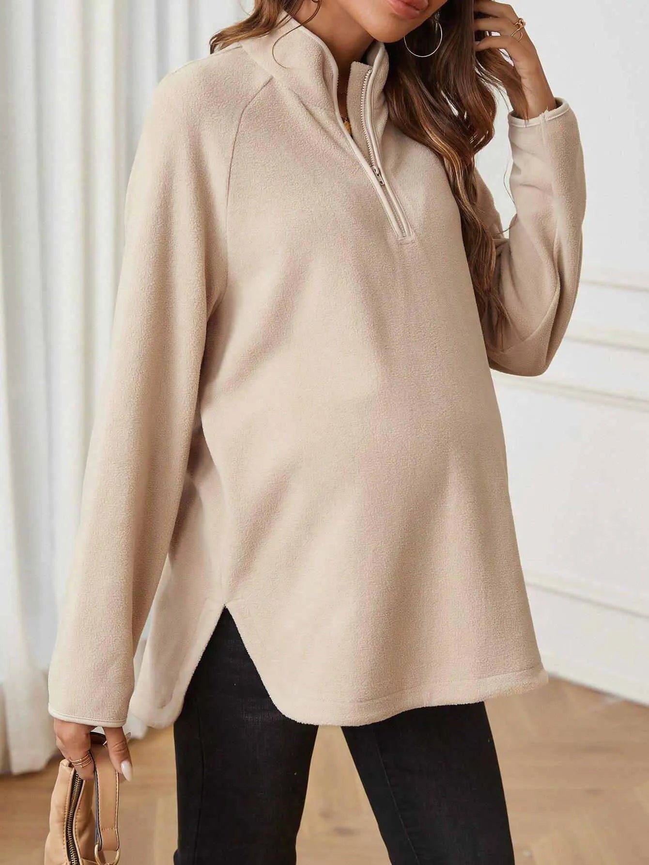 Maternity Zip-Neck Long Sleeve Top for Fall & Winter