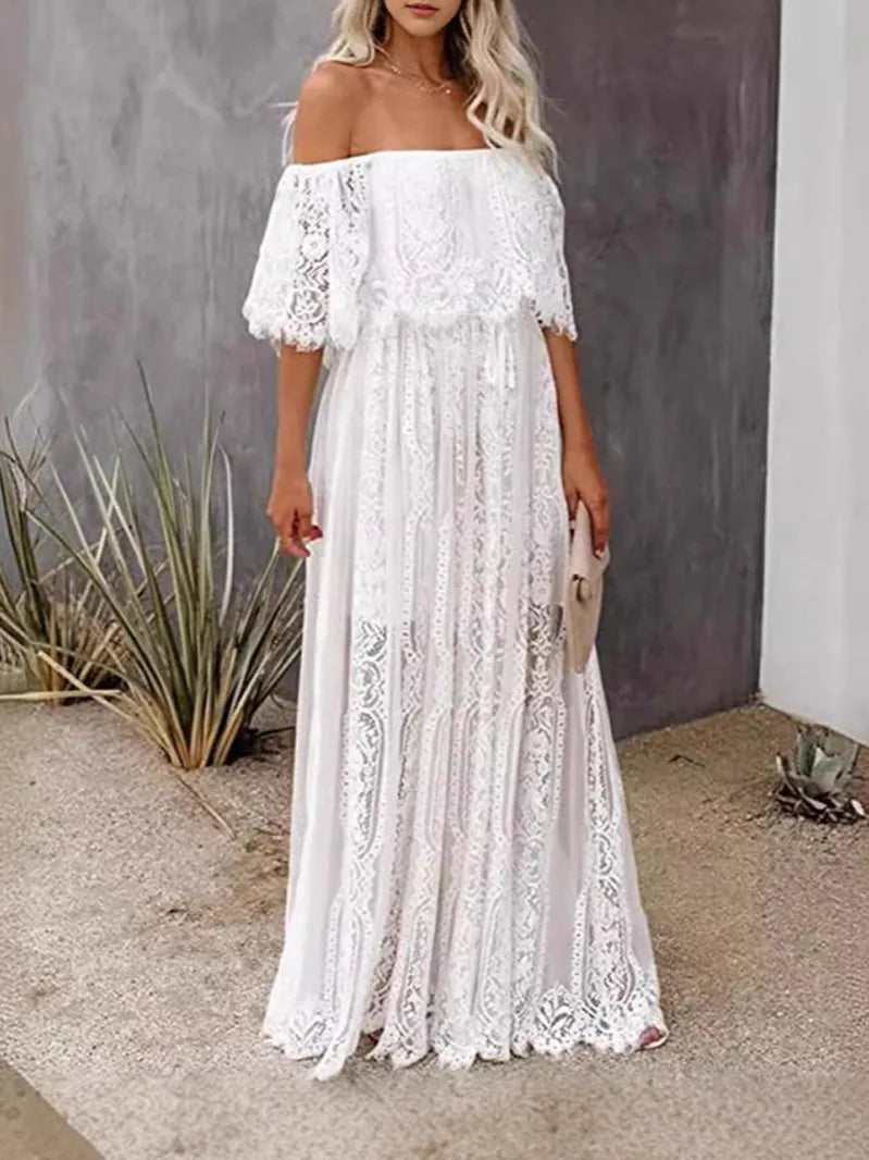 Off-Shoulder Lace Maternity Maxi Dress – 5/8 Sleeve