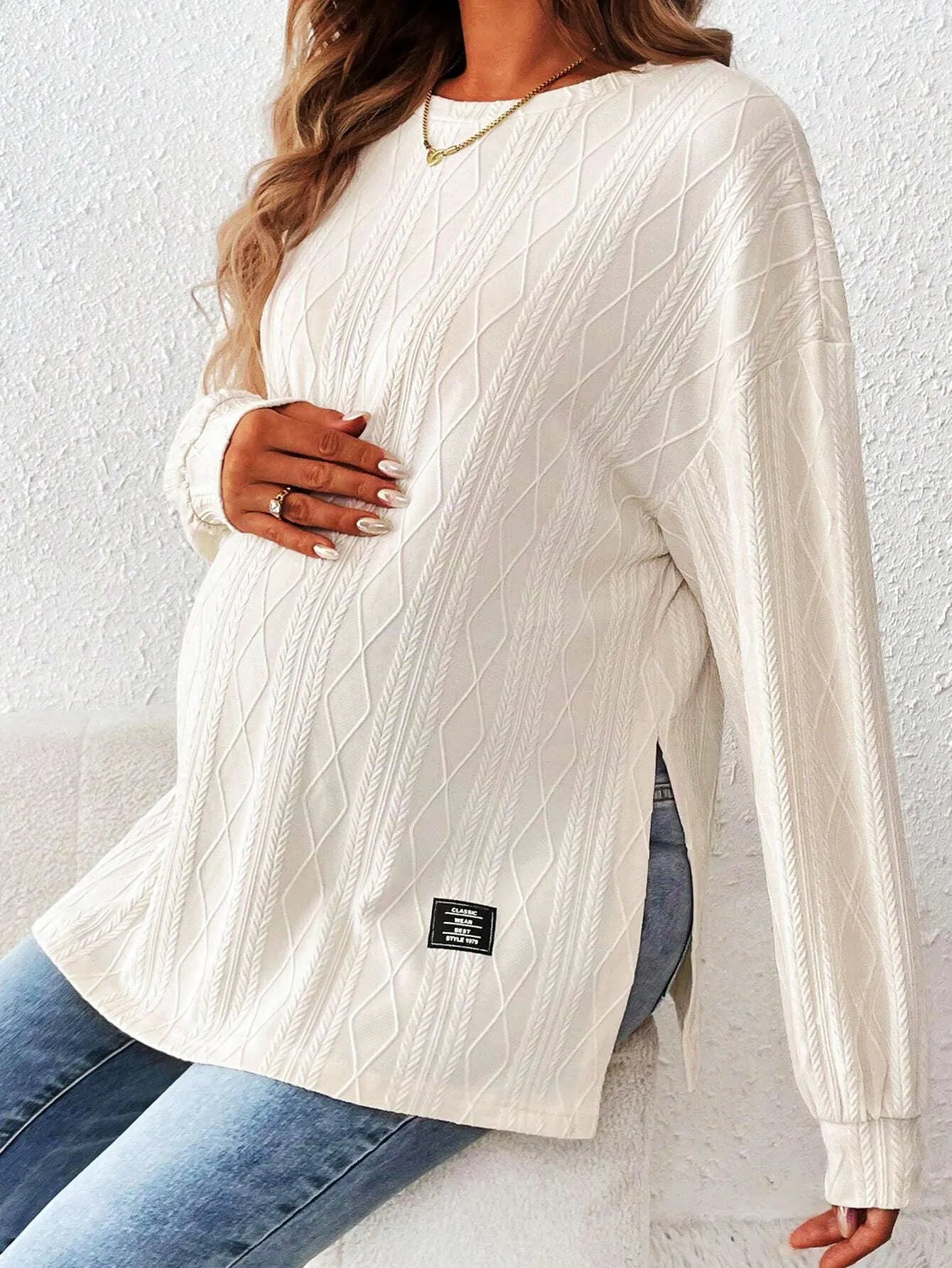 Maternity Long Sleeve Pullover Top – Diamond Textured Crewneck