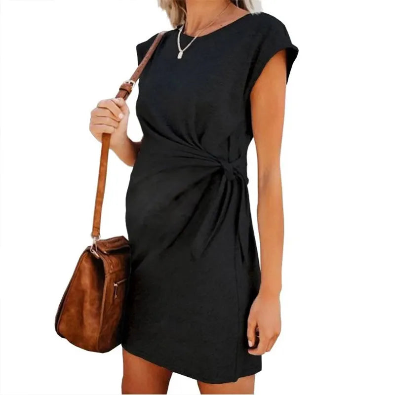 Solid Tie-Waist Maternity Dress – Short Sleeve Casual Mini