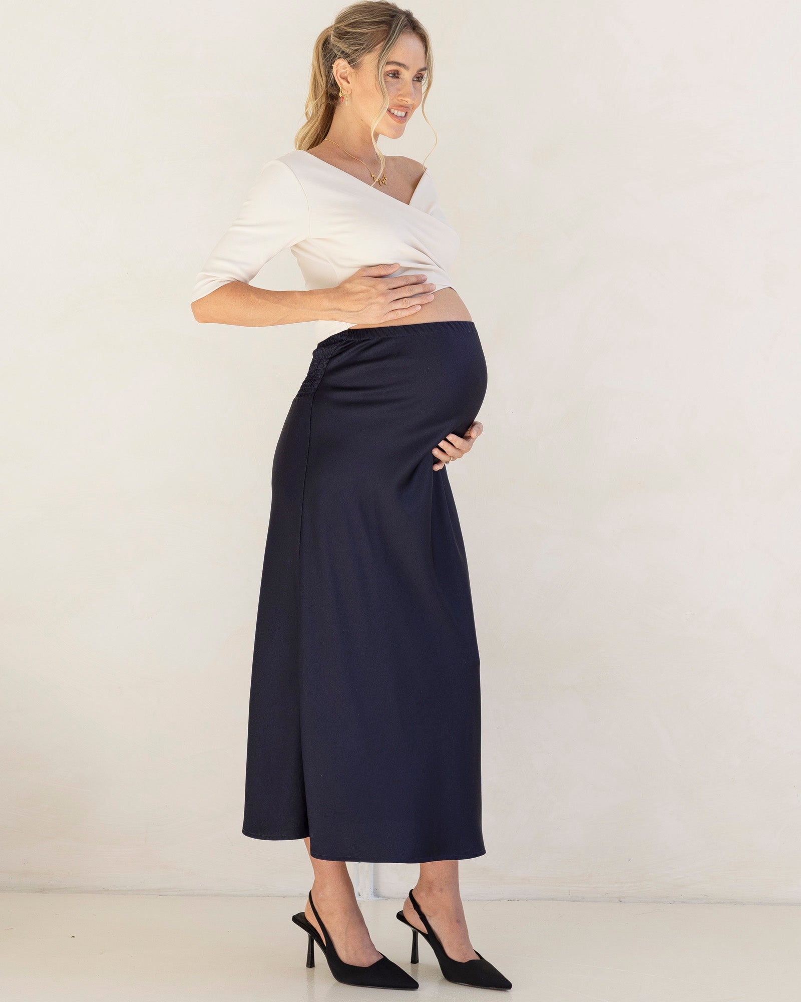 Suzie Maternity Cross Over Off Shoulder Top in Oat Milk