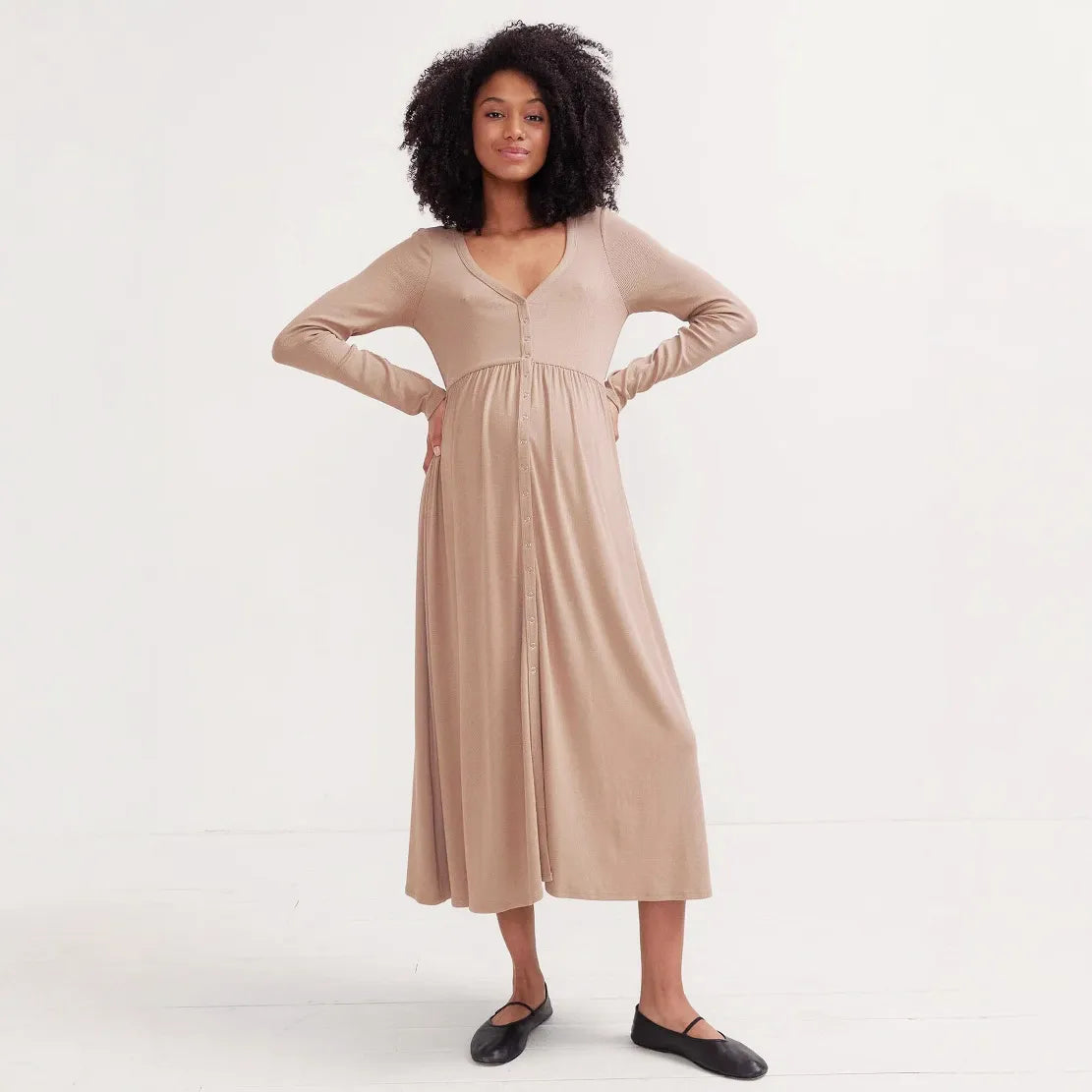 Maternity &Nursing V-Neck Long Sleeve Maxi Dress – High-Waist Fit