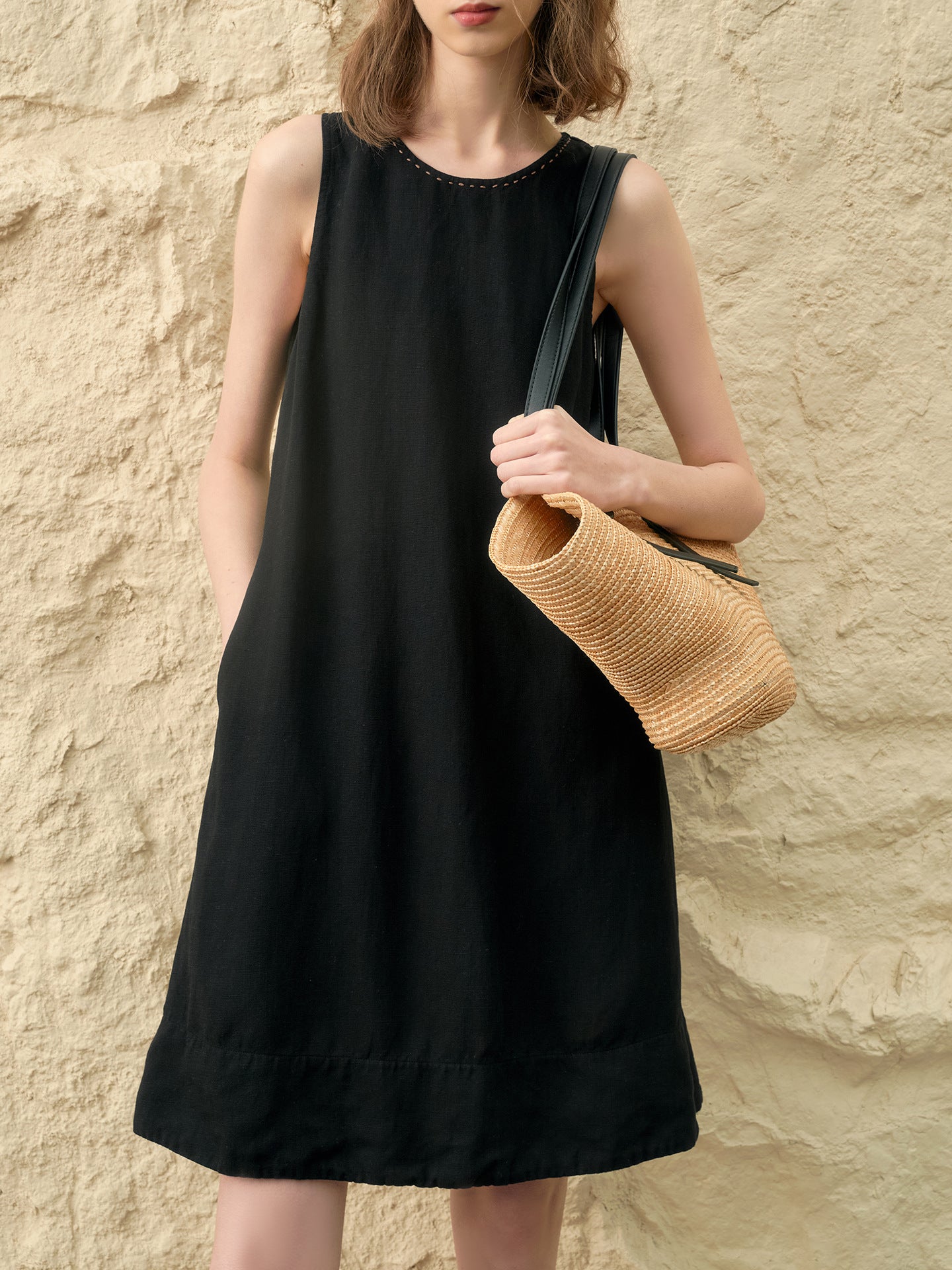 Hand-Beaded Tencel Linen A-Line Maternity Dress – Summer Sleeveless Midi