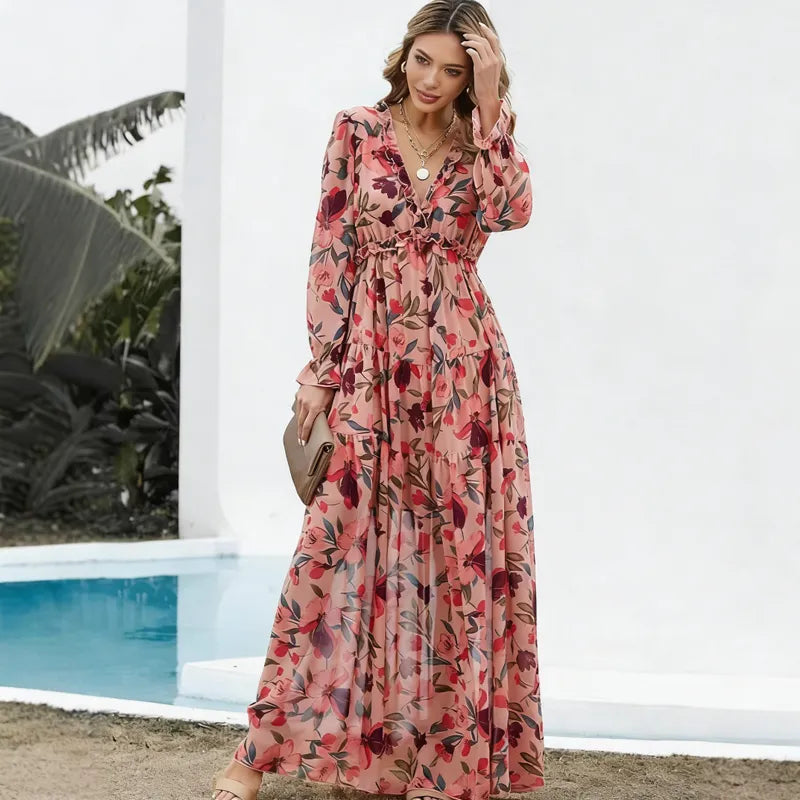 Maternity & Nursing Long Sleeve Floral Maxi Dress – Elegant Evening Dress