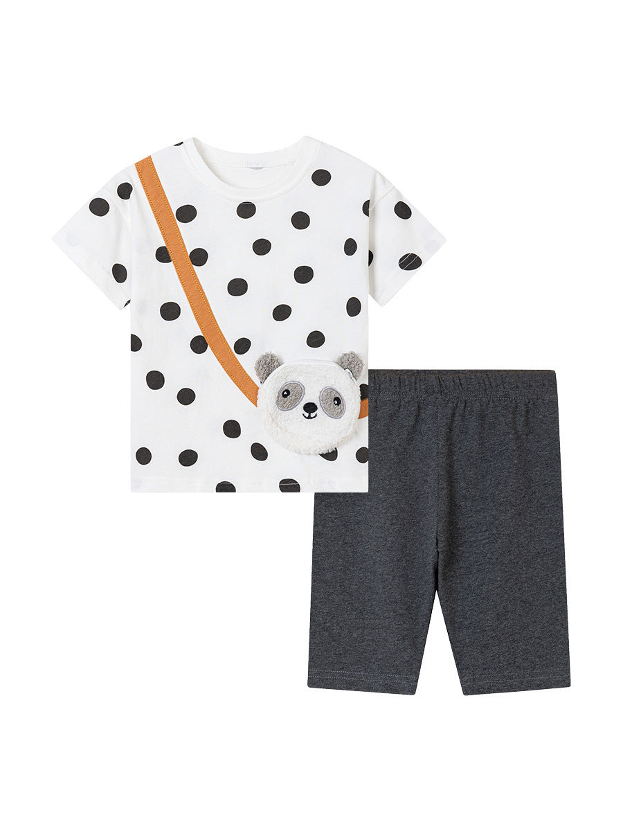 Girls Panda Appliqué Cotton Set – Short Sleeve Top & Pants