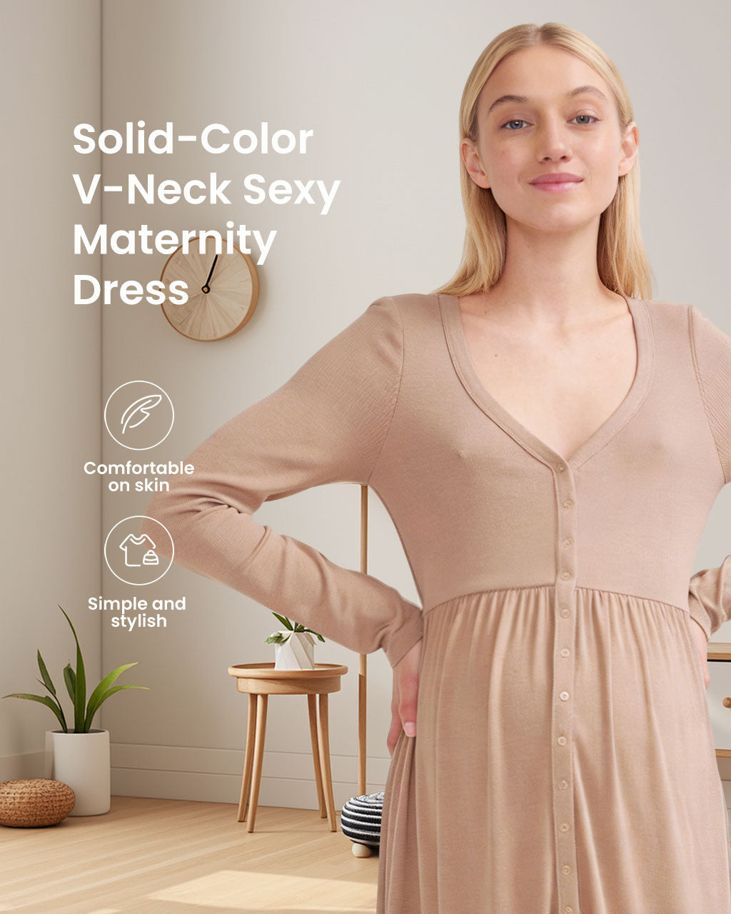 Maternity &Nursing V-Neck Long Sleeve Maxi Dress – High-Waist Fit
