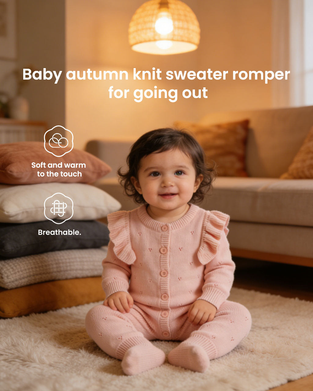 Baby Knit Romper for Spring & Fall – Ruffle Trim One-Piece