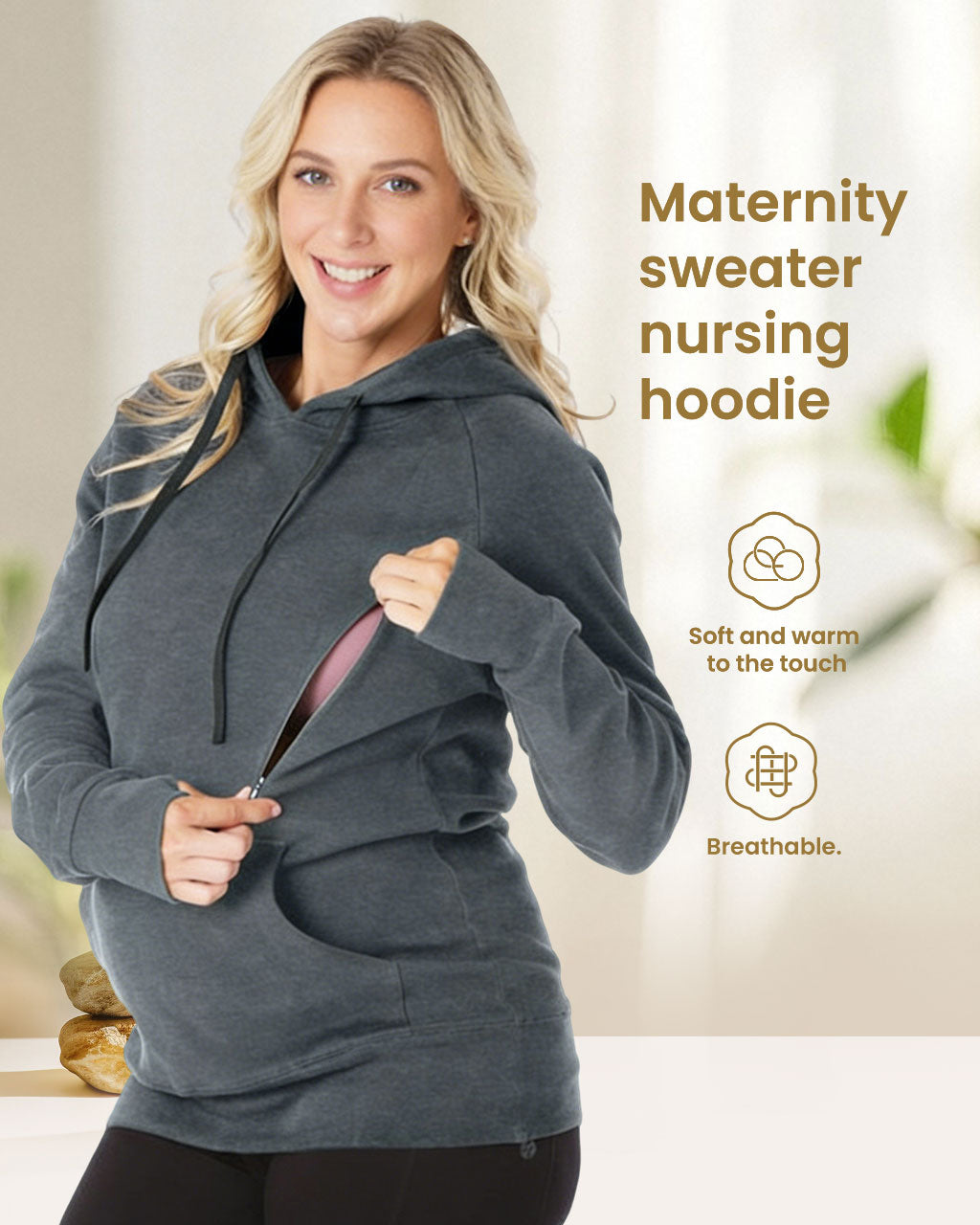 Maternity & Nursing Pullover Hoodie for Spring & Fall – Zip-Front Active Top