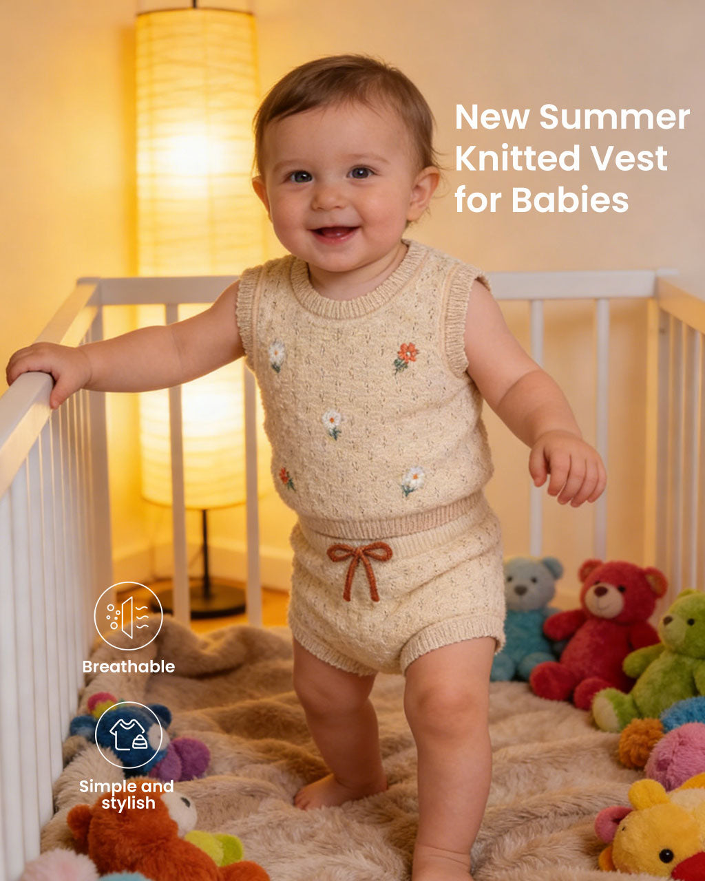 Baby Knit Vest & Shorts Set – Sleeveless Cotton Outfit with Floral & Fruit Embroidery
