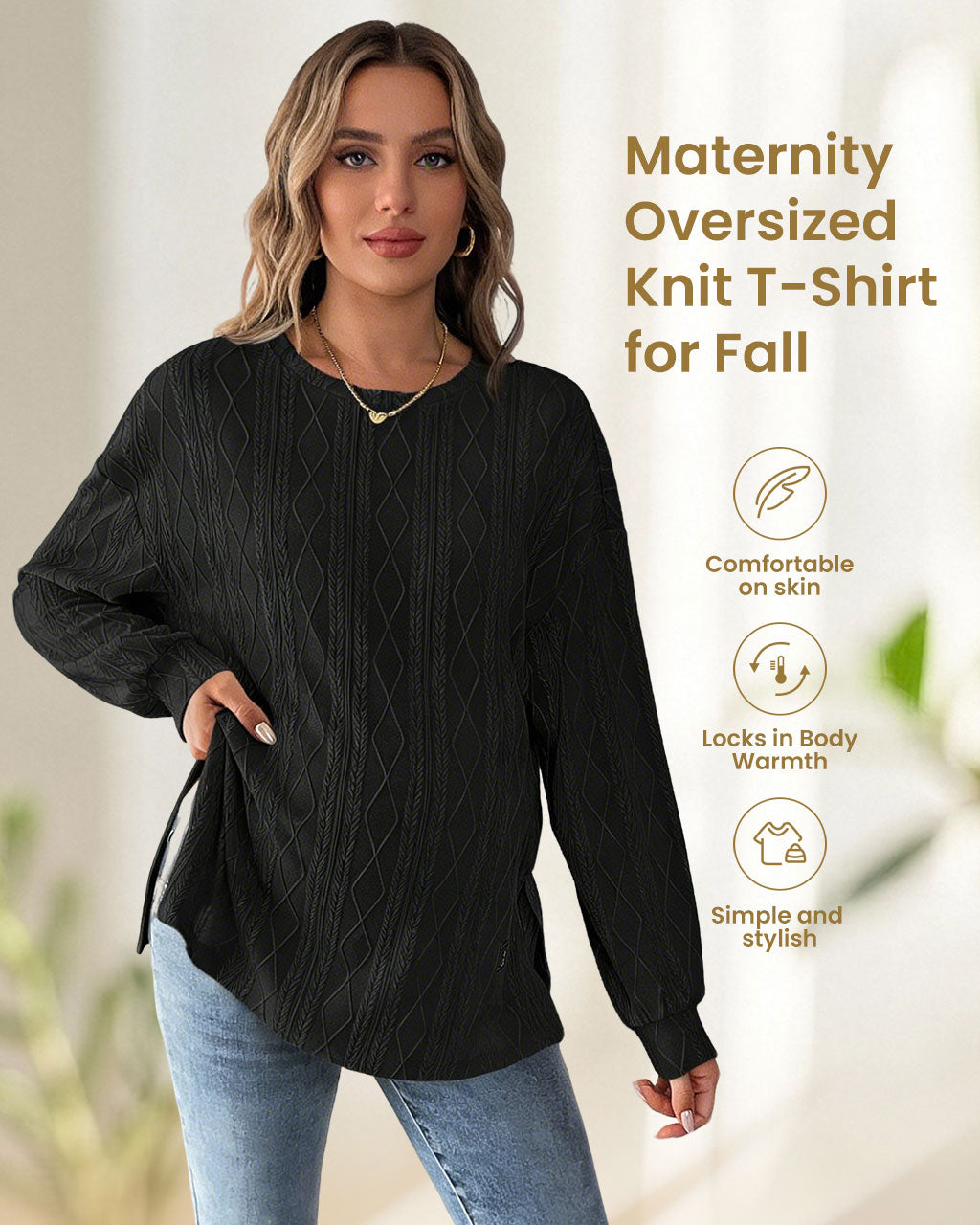Maternity Long Sleeve Pullover Top – Diamond Textured Crewneck