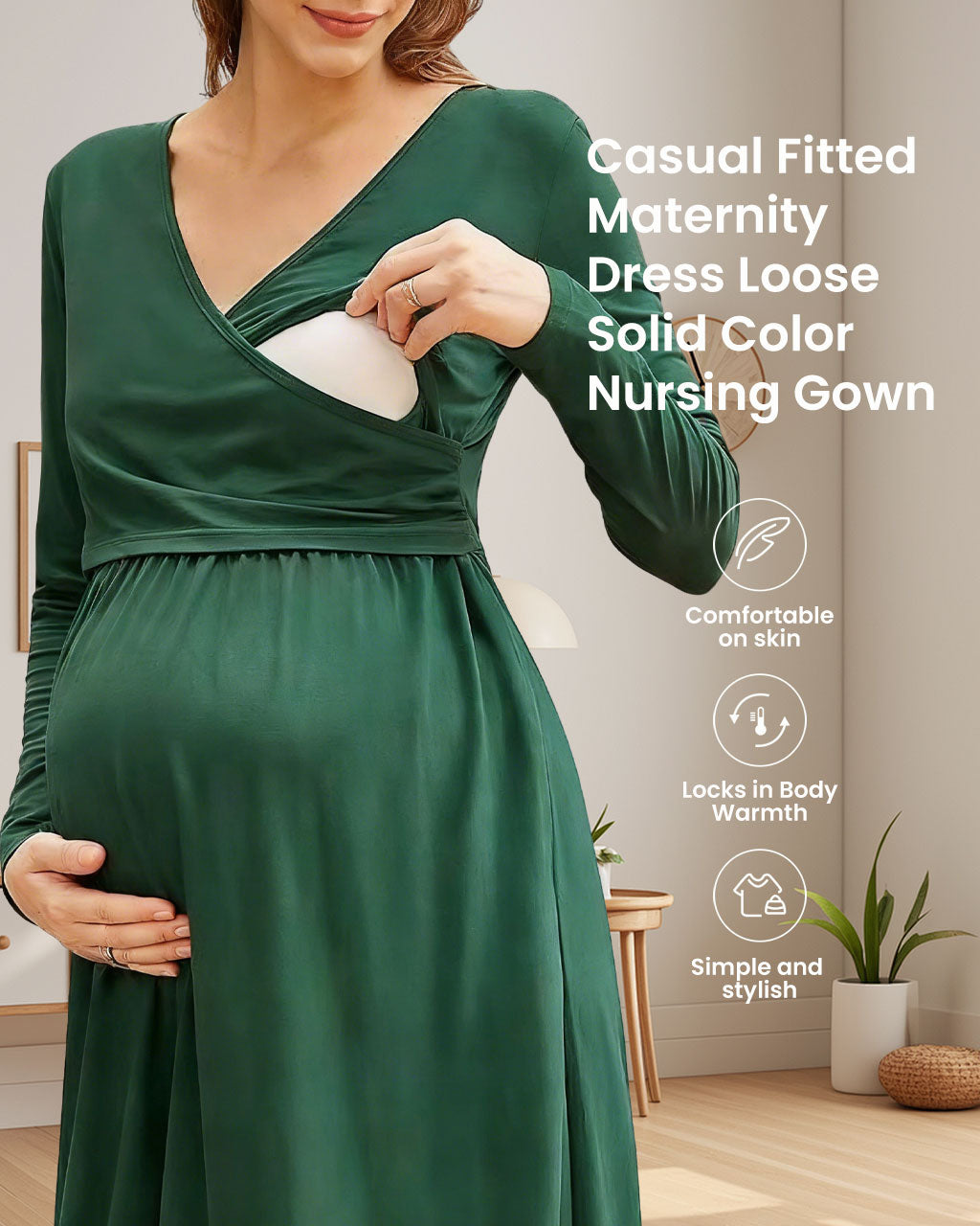 Long Sleeve Maternity & Nursing Dress – Cross-Front Solid Maxi