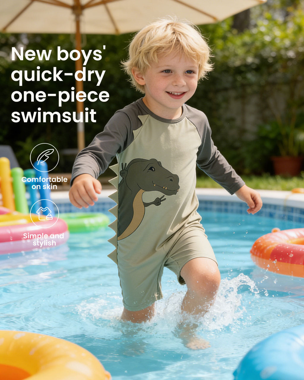 Boys Dinosaur One-Piece Swimsuit – Quick Dry Lycra Swimwear