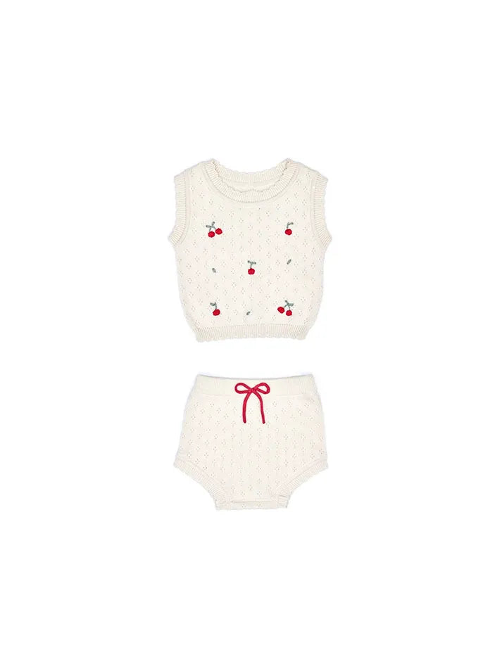 Baby Knit Vest & Shorts Set – Sleeveless Cotton Outfit with Floral & Fruit Embroidery