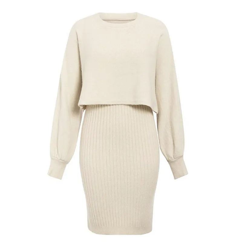 Knit Two-Piece Dress Set – Pullover Sweater Maternity & Nursing Dress