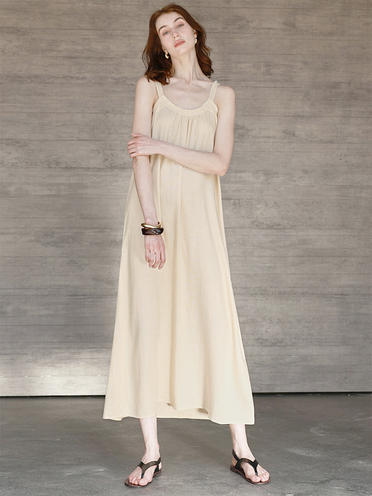 Linen Blend Fringe Strap Maternity Maxi Dress – Relaxed Summer Vacation Dress