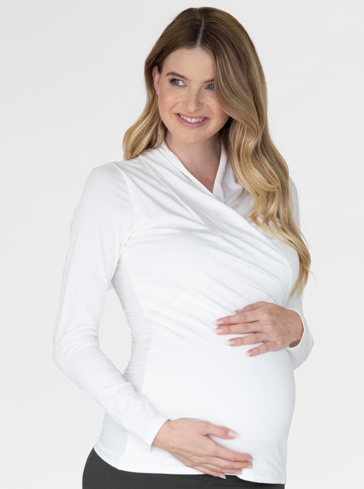 White Maternity Crossover Bamboo Long Sleeve Top