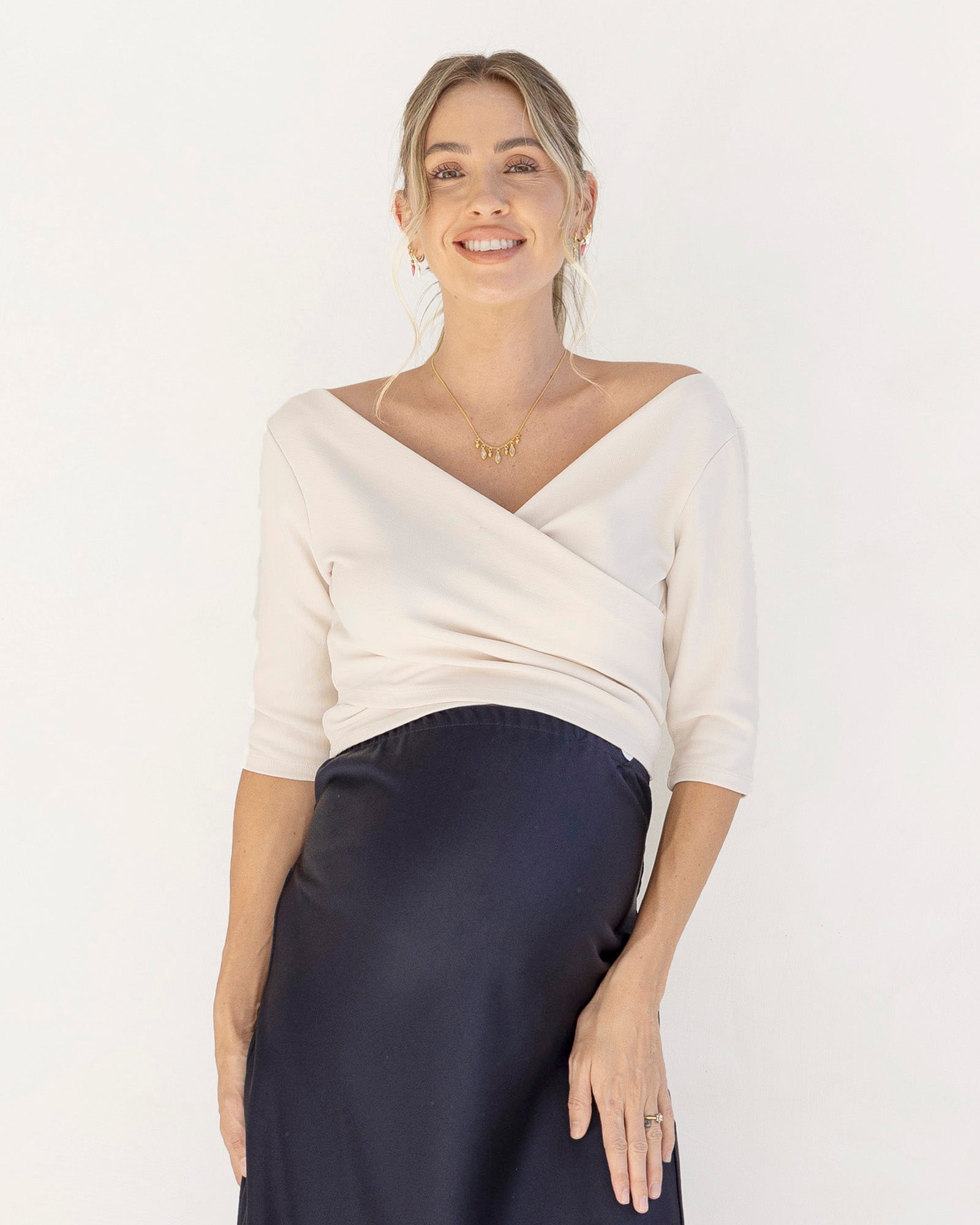 Suzie Maternity Cross Over Off Shoulder Top in Oat Milk