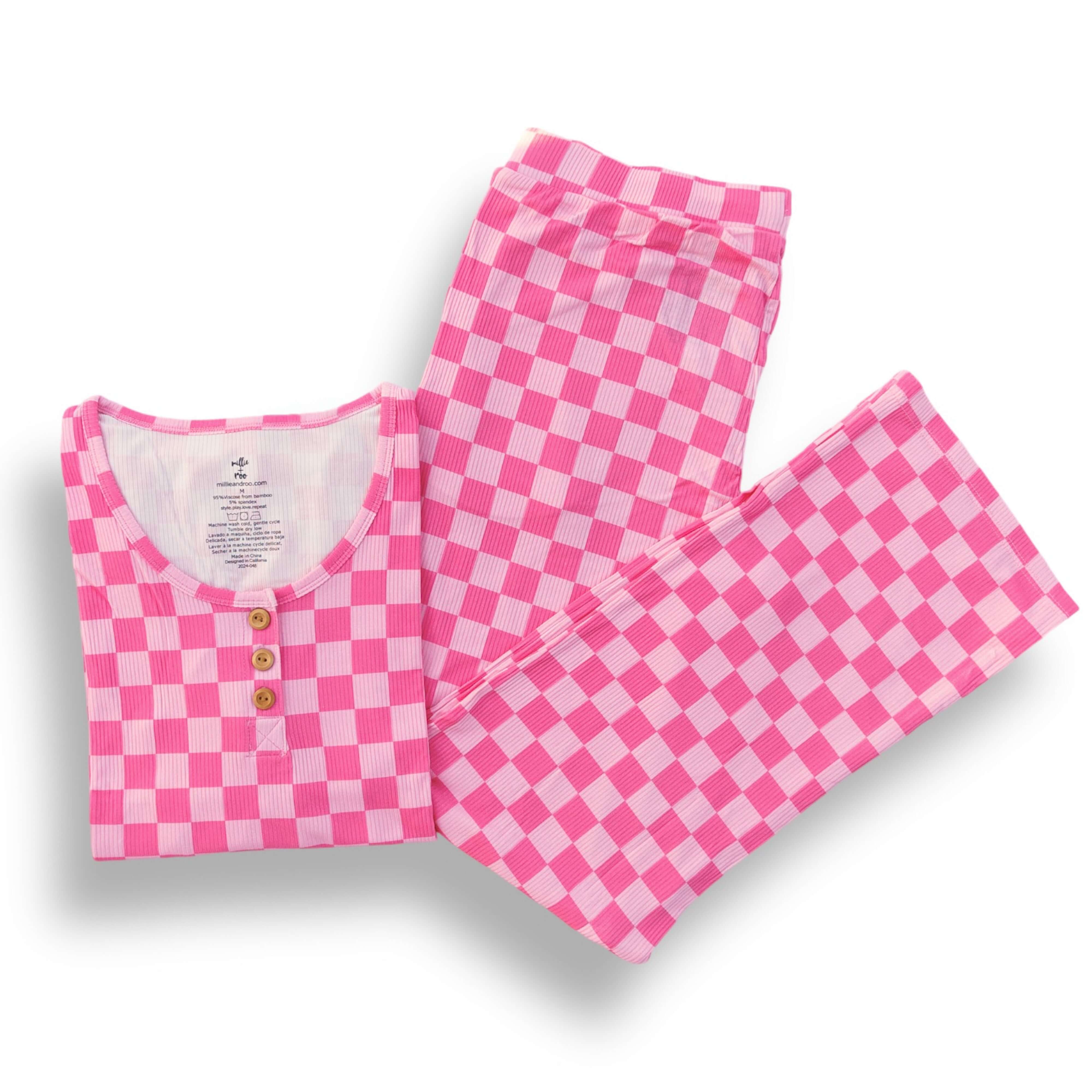 Pink Check Ribbed Women's Pajama Set