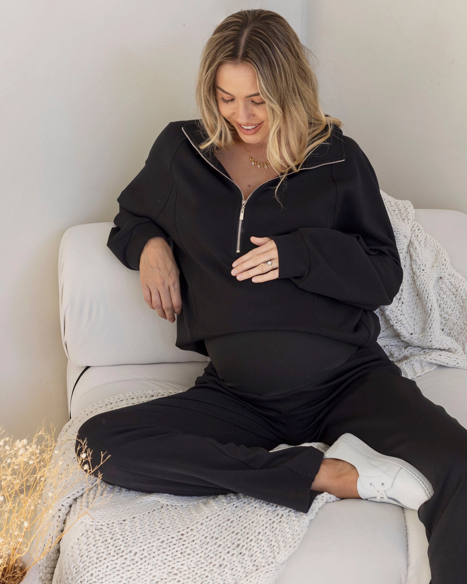 Alanna Maternity Zipper Track Top in Black