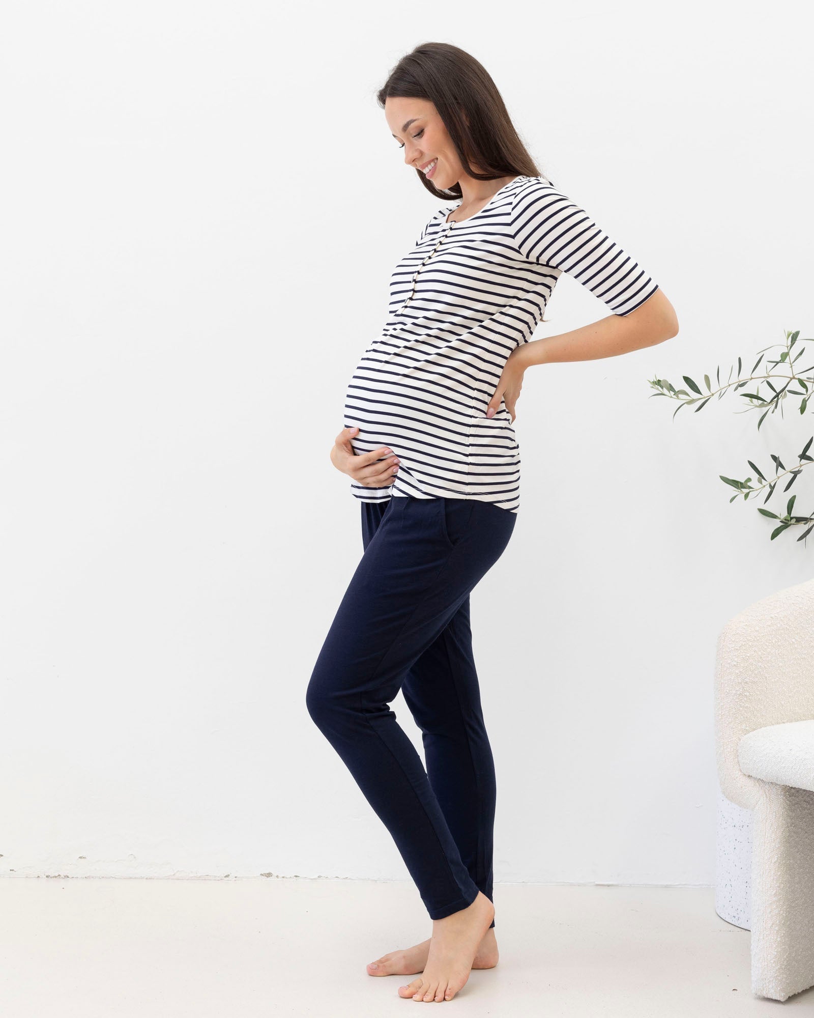 Maternity Nursing Tee with Button Front - Navy Stripes