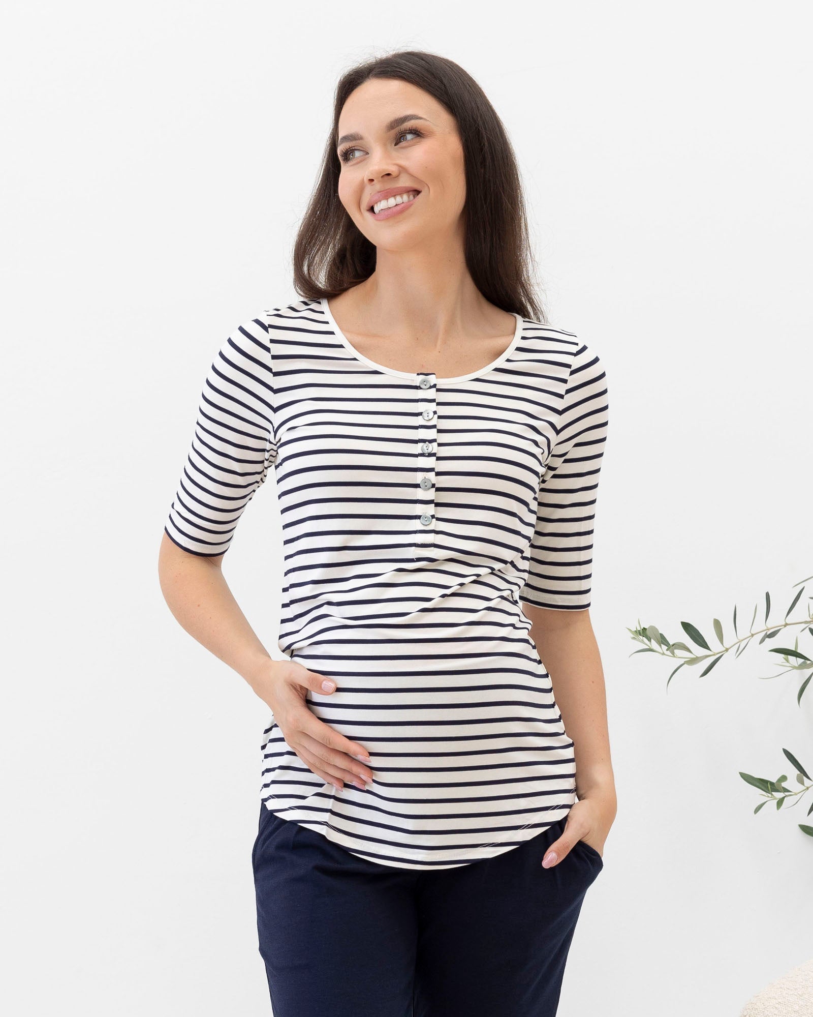 Maternity Nursing Tee with Button Front - Navy Stripes